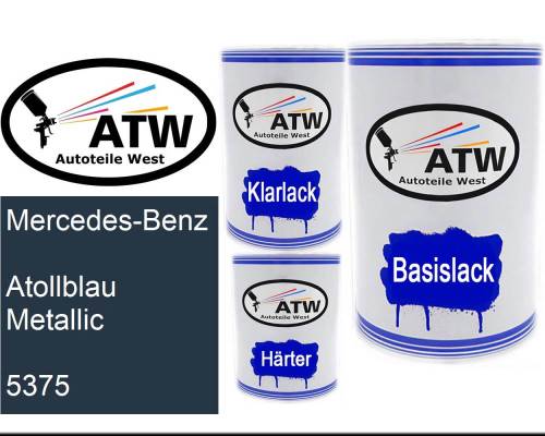 Mercedes-Benz, Atollblau Metallic, 5375: 500ml Lackdose + 500ml Klarlack + 250ml Härter - Set, von ATW Autoteile West.